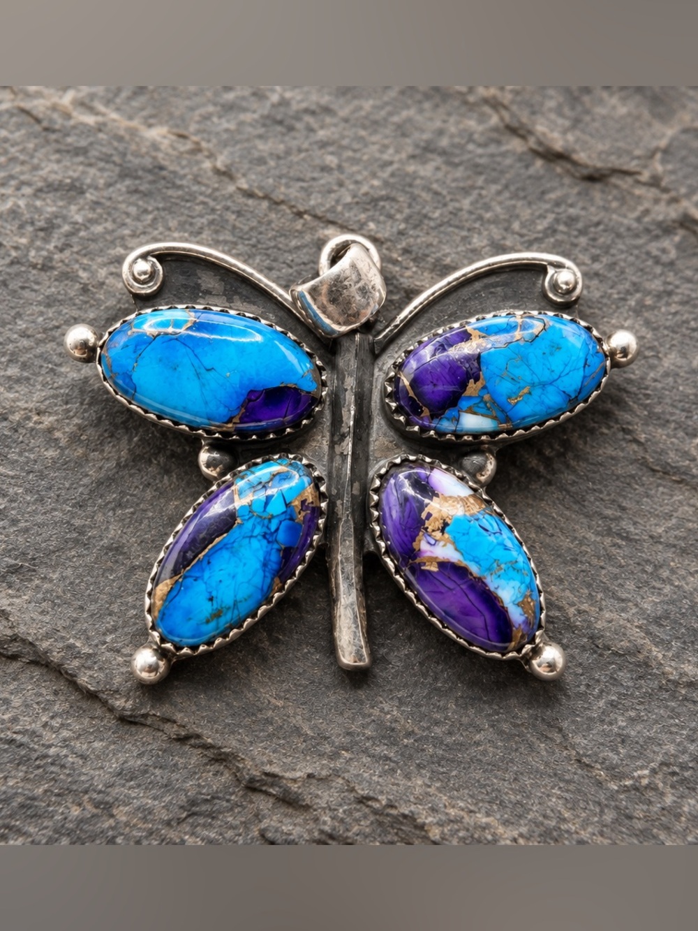 Sterling Silver Butterfly Pendant with Blue and Purple Dahlia Turquoise stones